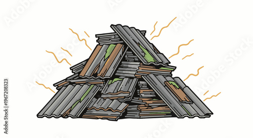 Pile of weathered, wavy roofing sheets with green moss and brown decay