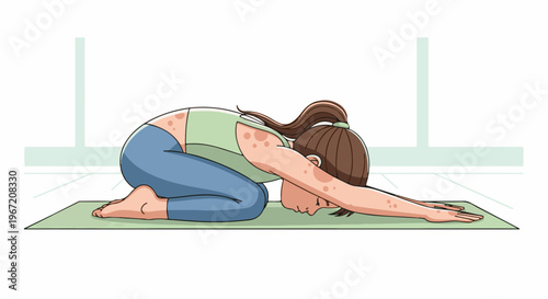 Woman in yoga child's pose on mat, peaceful indoor setting