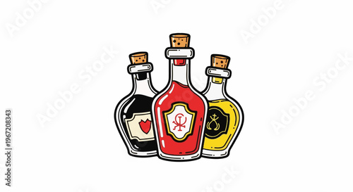 Three corked glass bottles filled with colorful liquids and symbols