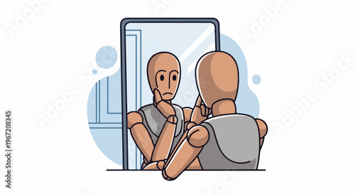 Wooden figure ponders its reflection in a mirror, abstract background