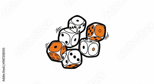 Pile of white and orange dice with black outlines and dots