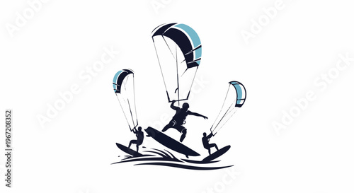 Three silhouetted figures kiteboarding across water with stylized waves