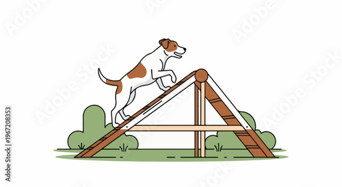 A playful dog leaps over a wooden agility ramp in a park
