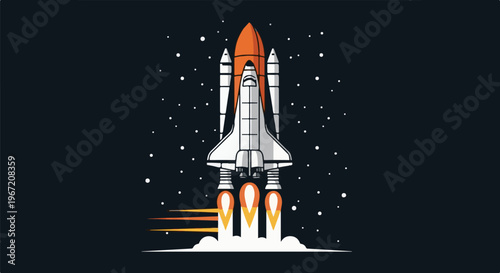 A rocket ship launches into a starry, dark sky with fiery exhaust