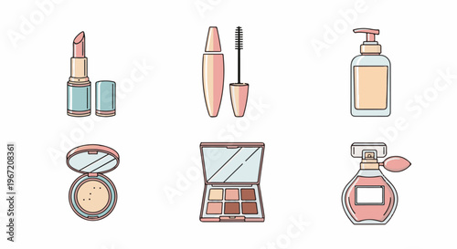 Assortment of six cosmetic items, including lipstick, mascara, lotion, powder, eyeshadow, and perfume