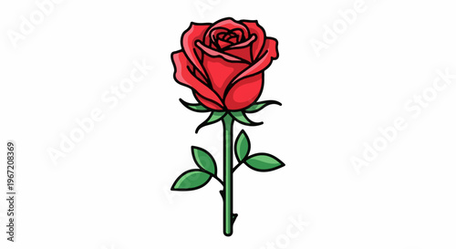 Stylized red rose with green leaves and thorns against a white background