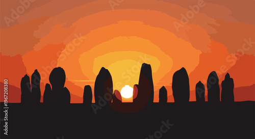 Ancient stones silhouetted against a vibrant, textured sunset sky