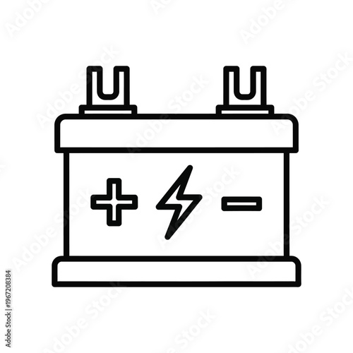 Minimalist black line icon of a car battery featuring a lightning bolt symbol and polarity indicators for automotive power and energy storage concepts.