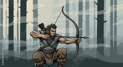 Pixelated archer draws bow in misty, muted forest