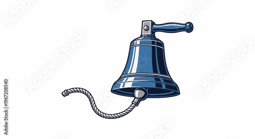 A blue bell with a rope hangs from a handle, on a white background