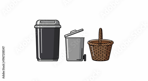 Three different containers a black trash can, a gray bin, and a woven basket