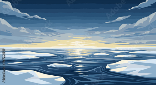 Pixelated arctic scene with an icy ocean reflecting a pale yellow sunset