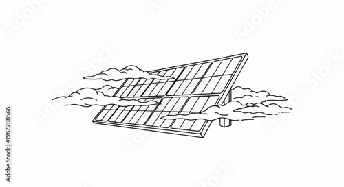 A single solar panel is shown angled upwards amidst wispy clouds in this drawing