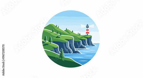 A beacon stands tall on a rocky, green coastal cliff, overlooking serene waters