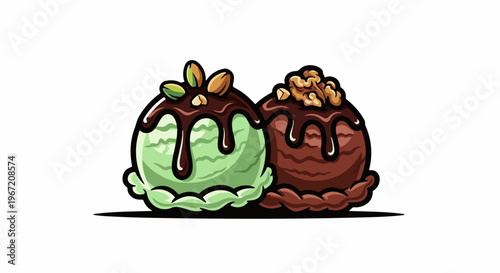 Two scoops of delicious ice cream with chocolate drizzle and nuts