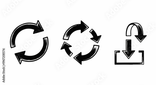 Three black circular arrow icons and one download icon, sketched