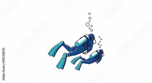 Two divers swim underwater with bubbles rising