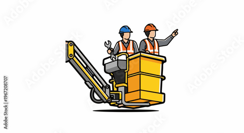 Two construction workers in a yellow lift basket pointing directions