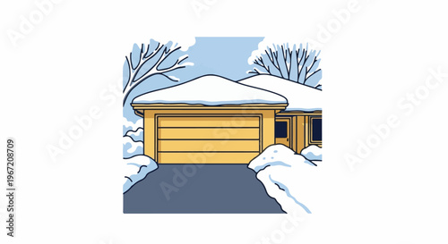 Yellow garage door with snow covering roof and snowdrifts