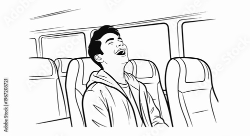 Young man in a hoodie laughs heartily while riding in a vehicle