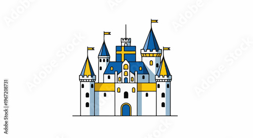 Whimsical cartoon castle with blue and yellow flags and towers