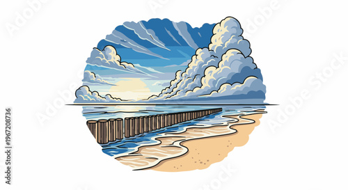 Pixelated beach scene with breakwater and dramatic clouds at sunrise