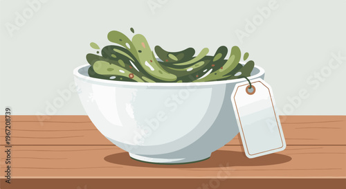 White bowl filled with green beans and spices on a wooden surface with a tag