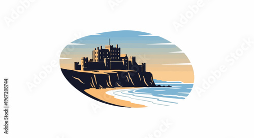 A majestic castle stands proudly on a cliff overlooking the sea and beach