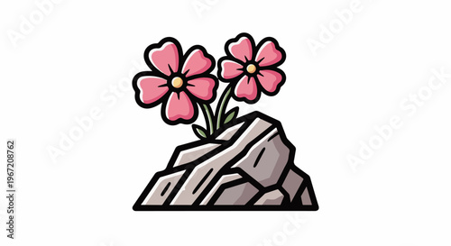 Pink flowers bloom from a rocky outcrop