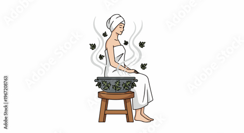 Woman enjoying steam with herbal leaves for relaxation and wellness