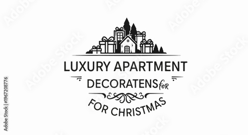 A festive emblem displays a cluster of gifts, trees, and a house