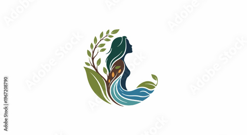 Woman silhouette with flowing hair, leaves, and water waves