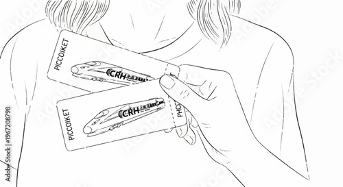 Person holding two tickets with train illustrations and text