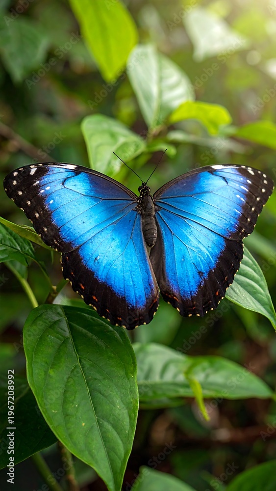 Naklejka premium Vibrant blue morpho butterfly rests on bright green leaves in sunlit tropical foliage