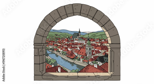 Ornate stone arch framing a picturesque European town with a river and rolling hills