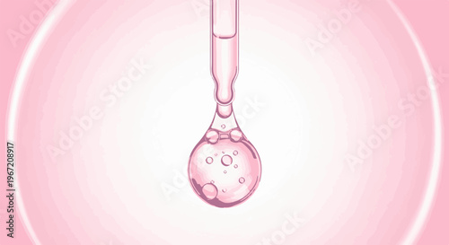 Pink liquid droplet with bubbles falling from a dropper
