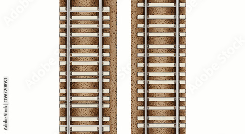 Overhead view of two parallel train tracks made of metal rails and wooden ties