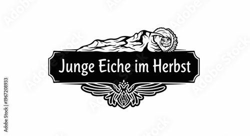 A black and white stylized illustration of a figure resting above a sign with German text