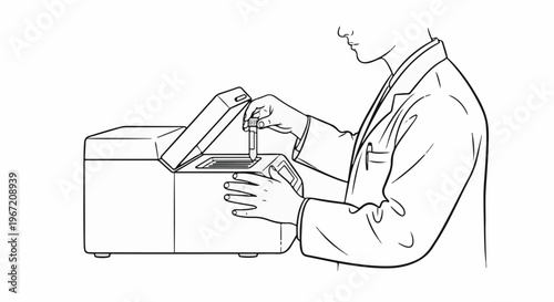 Person in lab coat using scientific instrument with test tube in hand