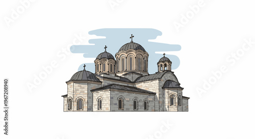 Ornate stone church with multiple domes and crosses under a cloudy sky