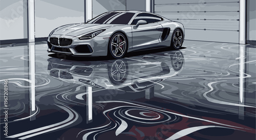 Pixel art of a sleek silver sports car reflecting on a wet, abstract floor