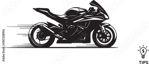 Black motorcycle speeding with motion lines and lightbulb tips
