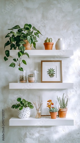 Three white shelves hold various green plants and framed succulent