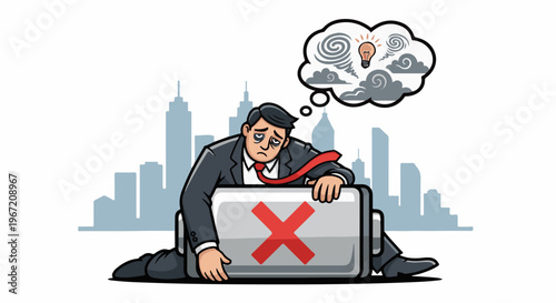 Overwhelmed businessman with low energy, thinking of a storm before a lightbulb