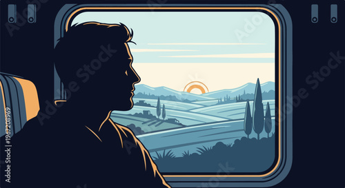 Person in silhouette gazes at scenic landscape from train window at sunrise