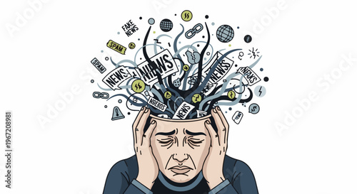 Overwhelmed by information, a person clutches head as news and symbols flood out