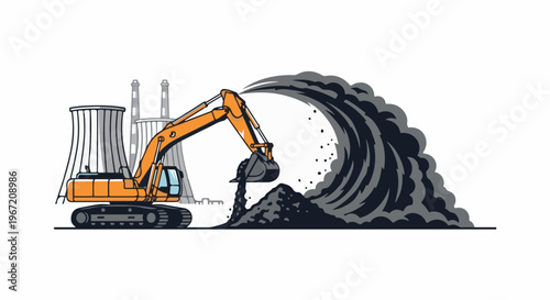 Orange excavator moving dark material near cooling towers