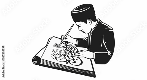 Person in traditional attire meticulously crafts ornate Arabic calligraphy on a scroll