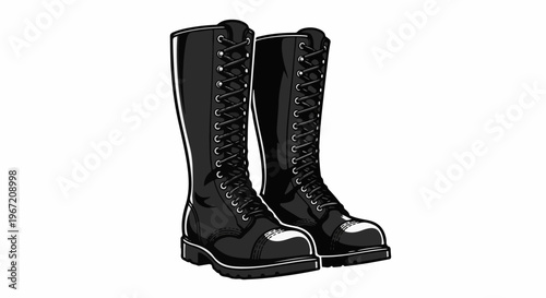 Pair of black, knee-high, laced combat boots with cap toes