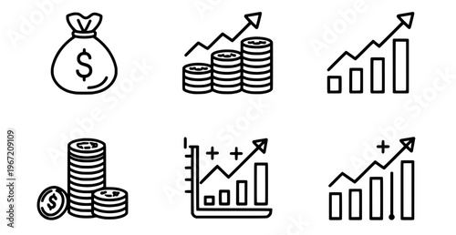 Financial Growth Illustration: A collection of financial icons illustrating growth and wealth accumulation, showcasing concepts of money bags, rising coin stacks, and upward-trending charts. 